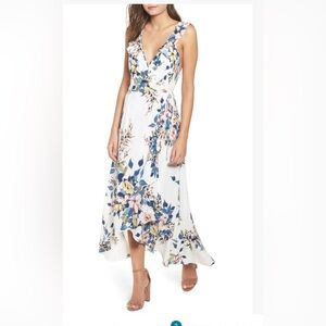 Leith blue and white floral print wrap dress size S